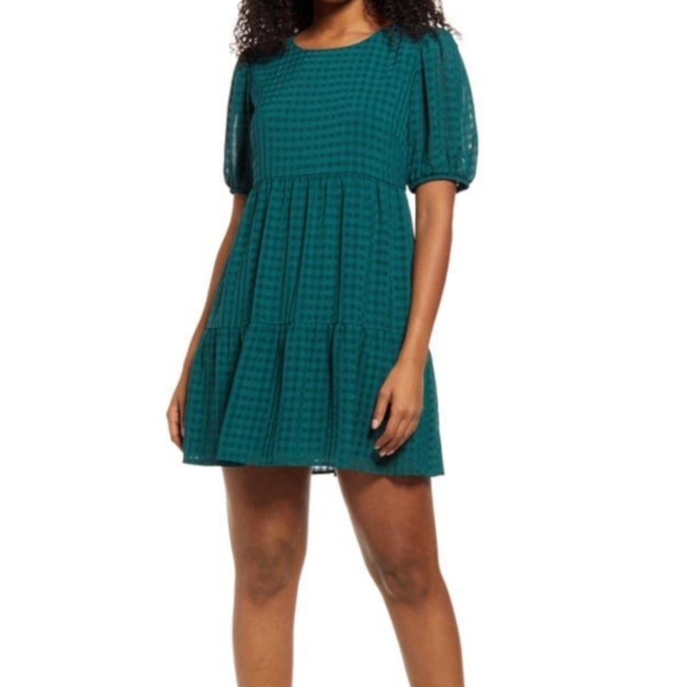 Speechless Womens Hunter Green Check Dress Size XXL Tiered Mini Puff Sleeve NWT